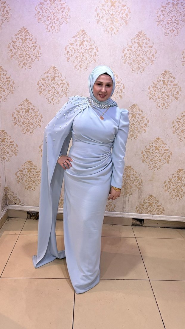 Uzun Kollu Gri Drapeli Abiye Elbise - Görsel 2