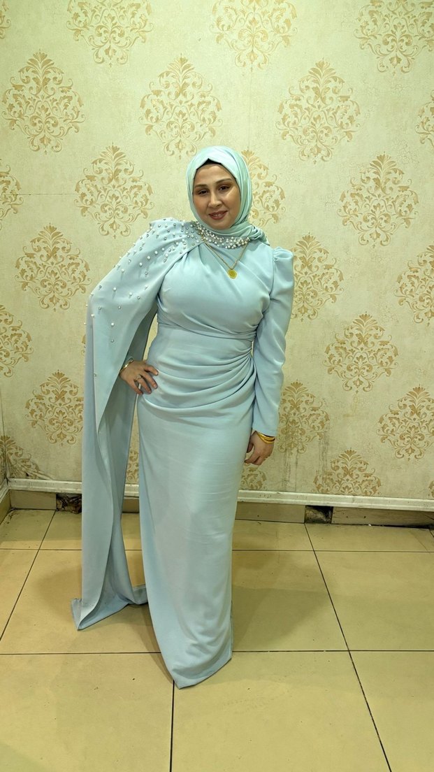 Uzun Kollu Gri Drapeli Abiye Elbise - Görsel 3