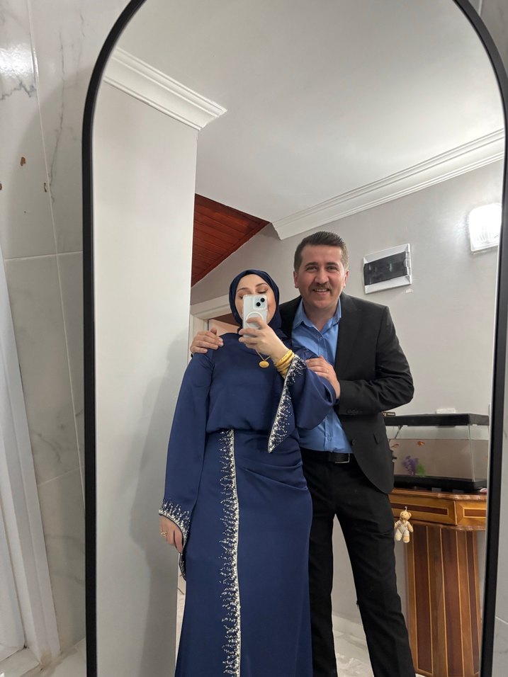 Nakışlı Lacivert Drapeli Uzun Abiye Elbise - Görsel 5