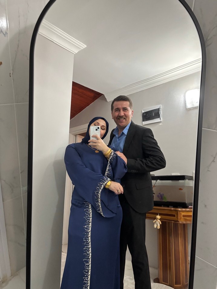 Nakışlı Lacivert Drapeli Uzun Abiye Elbise - Görsel 3