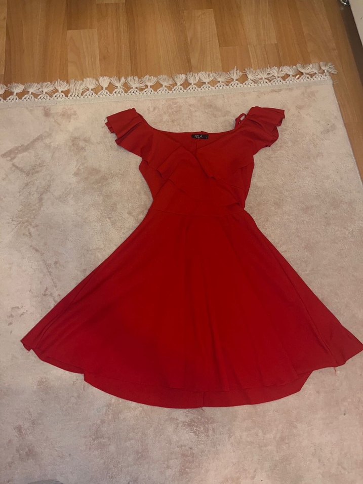 Kırmızı Fırfırlı Mini Abiye Elbise - Görsel 2