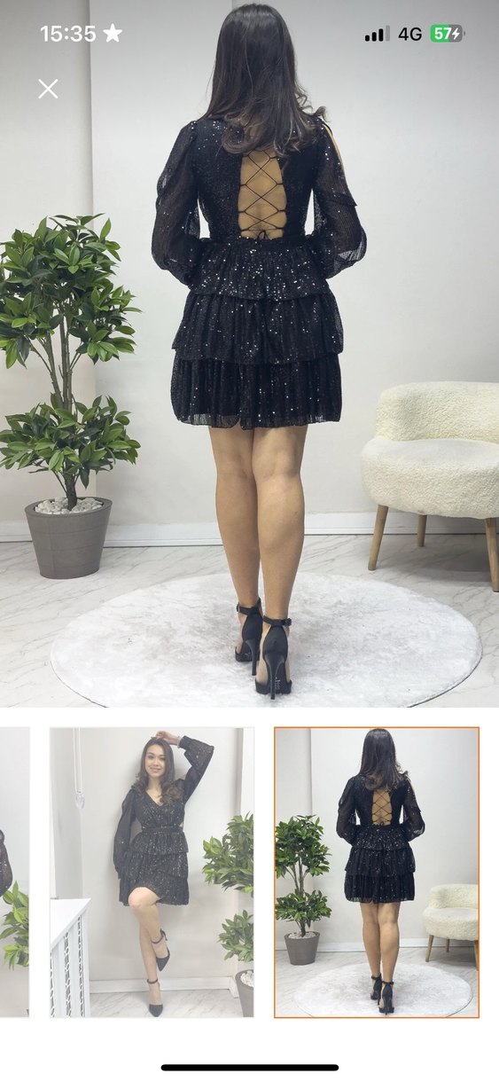 Siyah Mini V Yaka Fırfırlı Abiye Elbise - Görsel 2