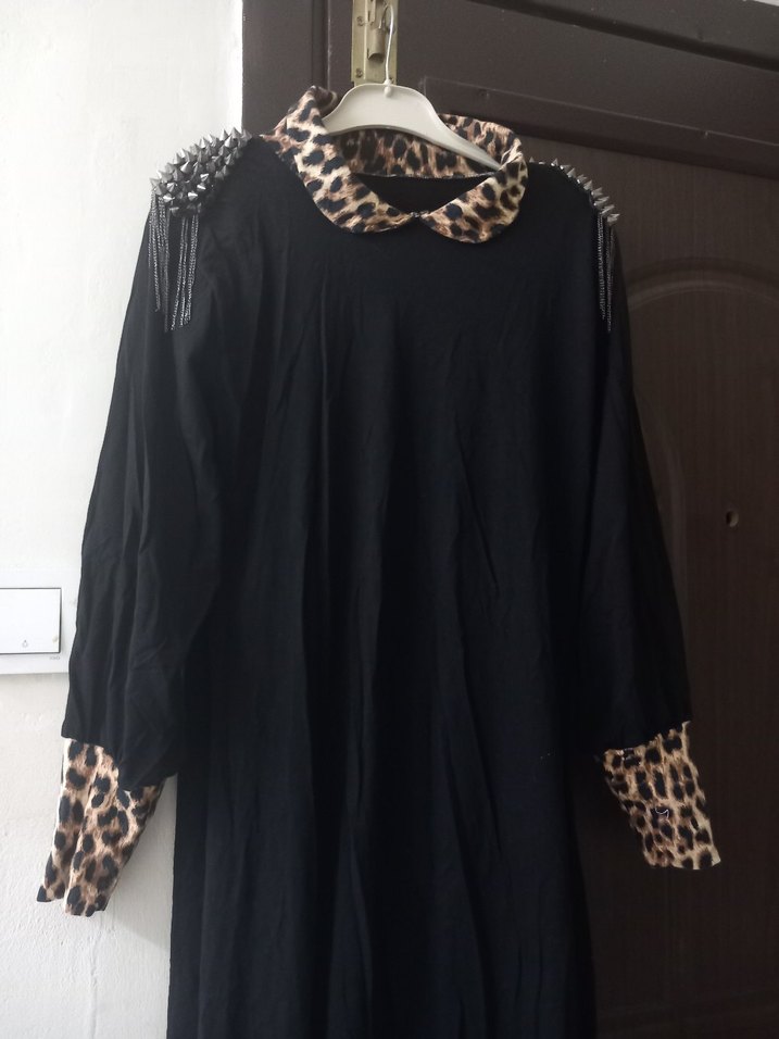 Uzun Siyah Gotik Elbise Leopar Desenli - Görsel 3