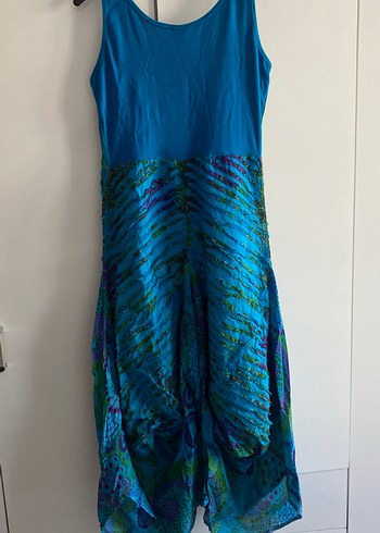 Mavi Desenli Bohem Pamuk Elbise - Görsel 5