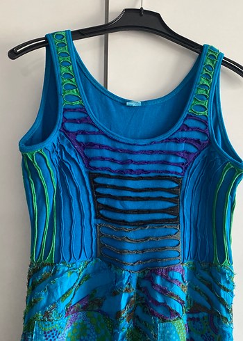 Mavi Desenli Bohem Pamuk Elbise - Görsel 3