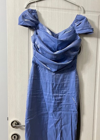 Drapeli Straplez Uzun Mavi Abiye Elbise - Görsel 2