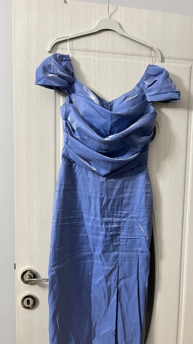 Drapeli Straplez Uzun Mavi Abiye Elbise - Görsel 2