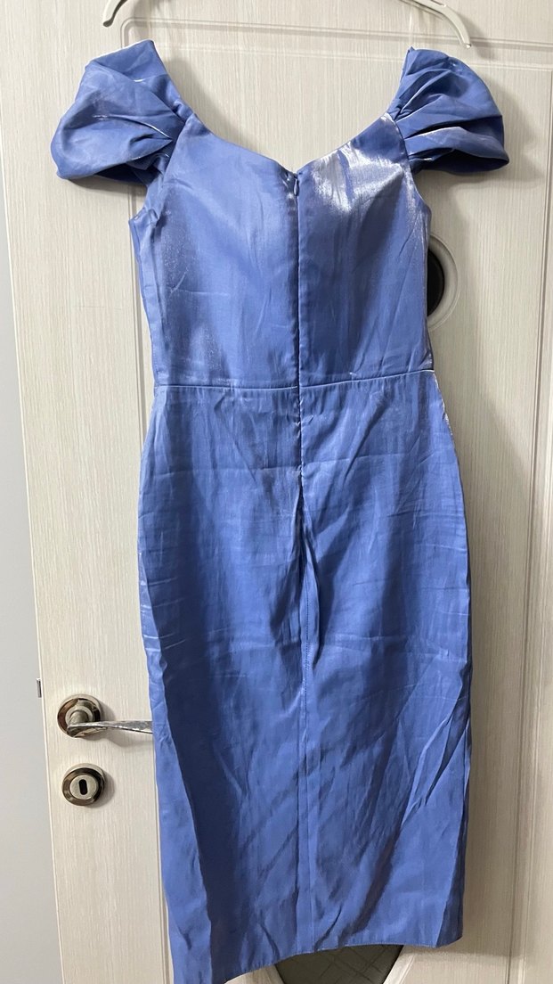 Drapeli Straplez Uzun Mavi Abiye Elbise - Görsel 3