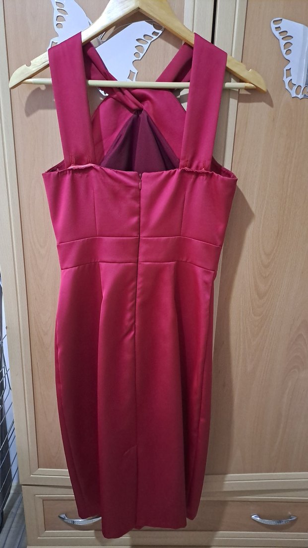 kırmızı Drapeli Uzun Abiye kalem etekli Elbise - Görsel 2