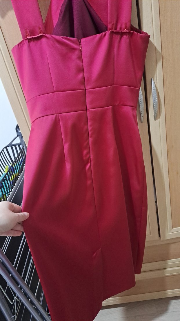 kırmızı Drapeli Uzun Abiye kalem etekli Elbise - Görsel 3