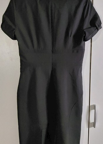 Siyah V Yakalı Midi Ofis Elbisesi - Görsel 4