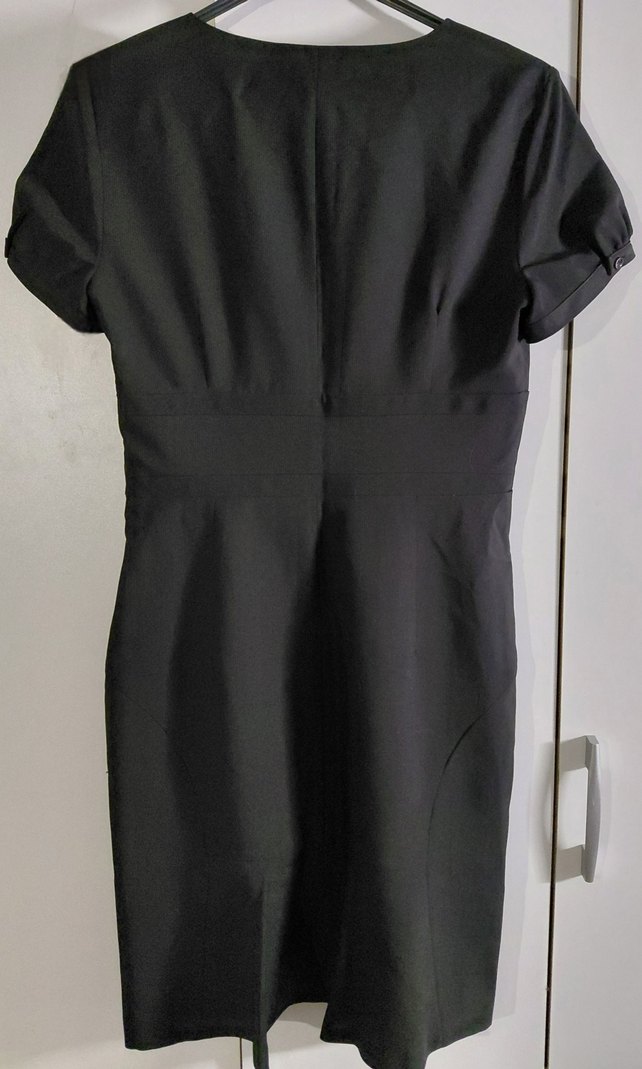 Siyah V Yakalı Midi Ofis Elbisesi - Görsel 4