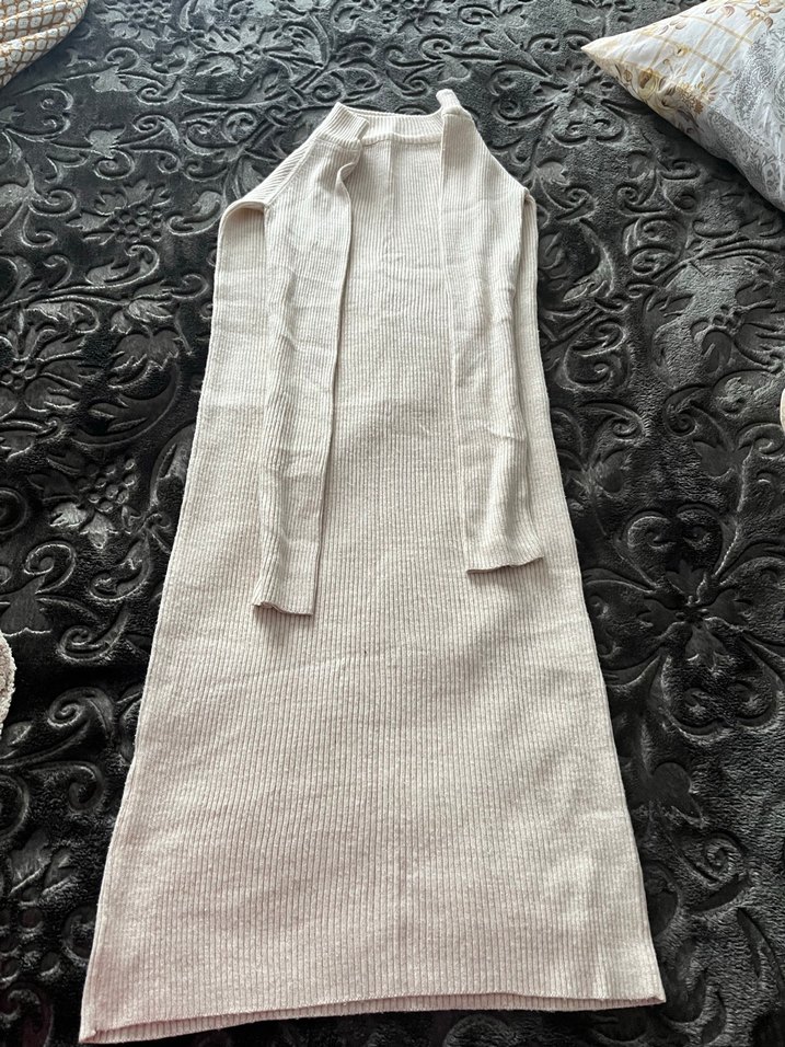 Bohem Tarz Uzun Beyaz Triko Elbise - Görsel 2