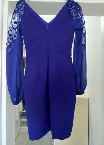 Uzun Kollu Mavi İşlemeli Kadın Abiye Elbise - Görsel 2