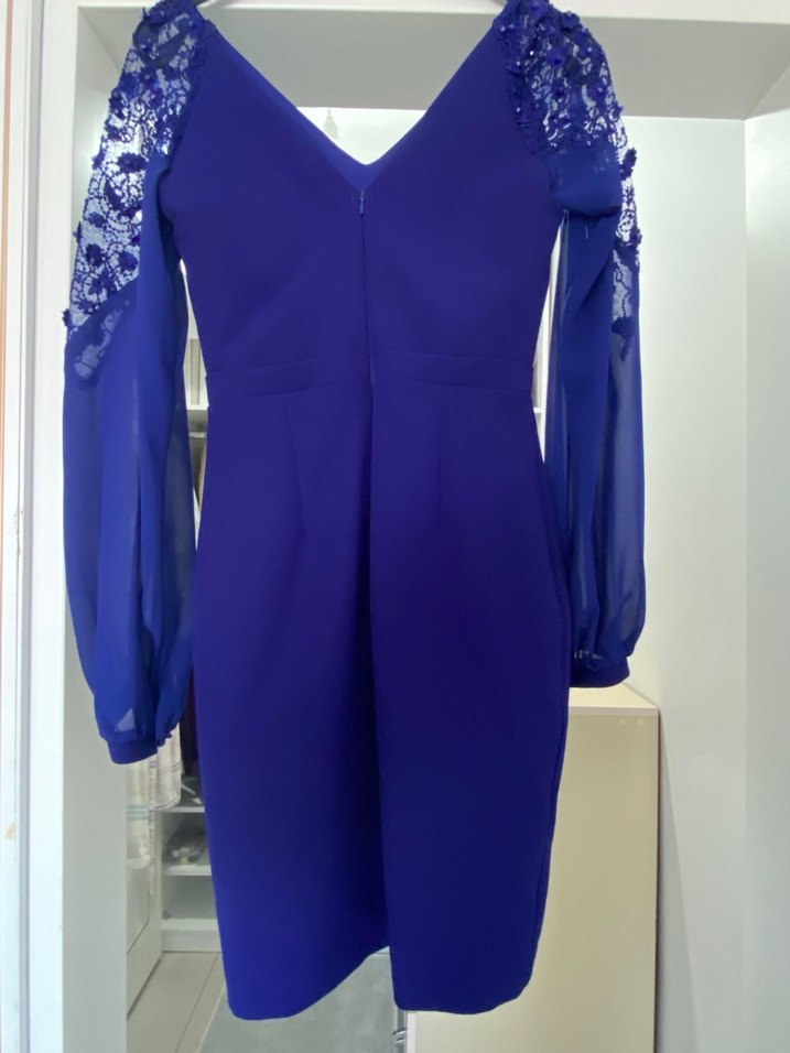 Uzun Kollu Mavi İşlemeli Kadın Abiye Elbise - Görsel 2