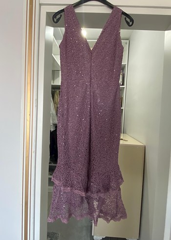 Dantel Detaylı Uzun Mor V Yaka Abiye Elbise - Görsel 2