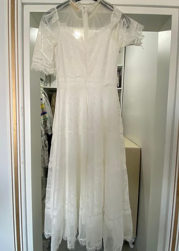 Vintage Bohem Kısa Kollu Beyaz A Kesim Nikah Elbise - Görsel 2