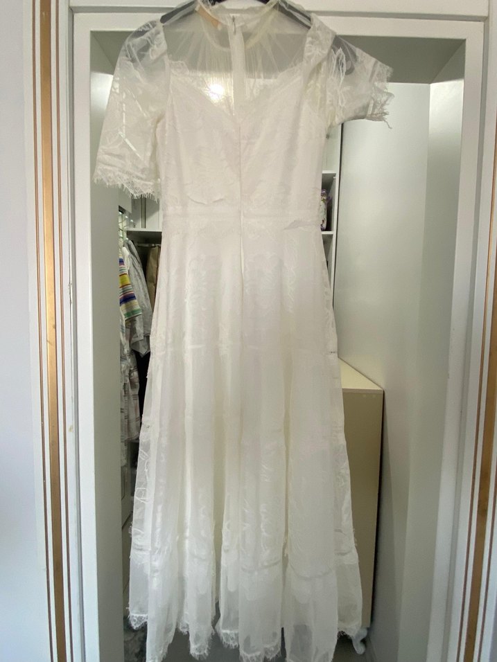 Vintage Bohem Kısa Kollu Beyaz A Kesim Nikah Elbise - Görsel 2