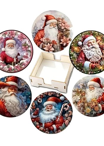 Renkli Noel Baba Temalı Bardak Altlıkları Seti