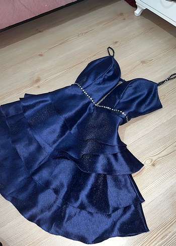 Parlak kumaş Lacivert taşlı Mini abiye Elbise - Görsel 4