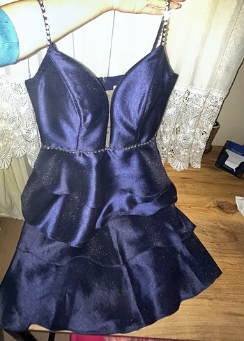 Parlak kumaş Lacivert taşlı Mini abiye Elbise - Görsel 3