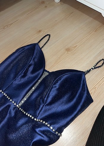 Parlak kumaş Lacivert taşlı Mini abiye Elbise - Görsel 2