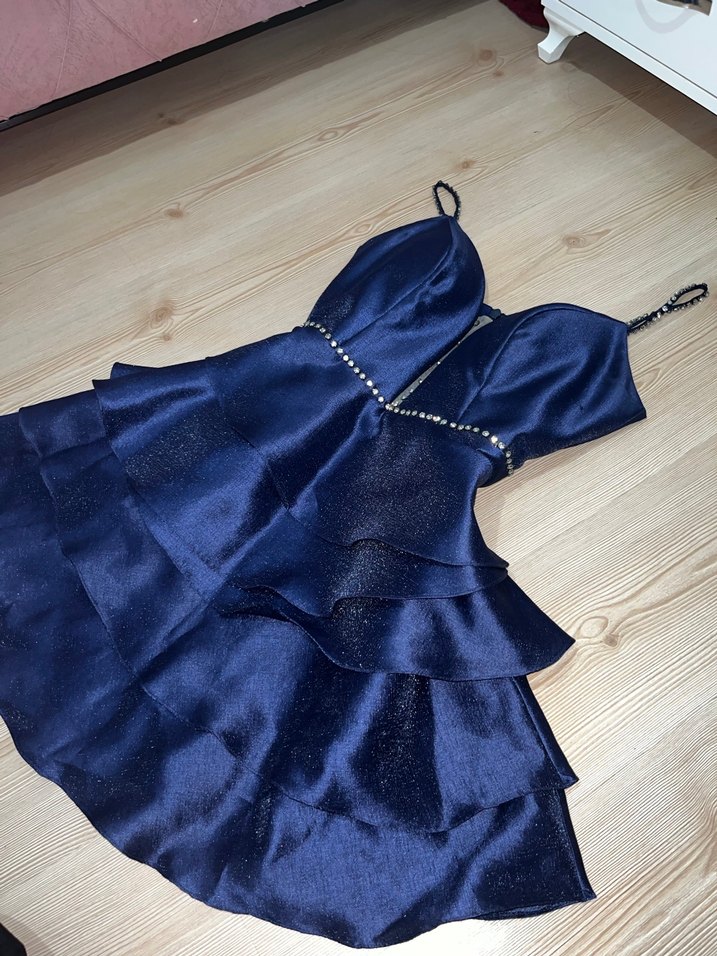 Parlak kumaş Lacivert taşlı Mini abiye Elbise - Görsel 4