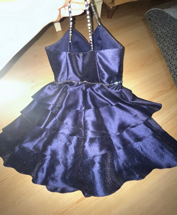 Parlak kumaş Lacivert taşlı Mini abiye Elbise - Görsel 5