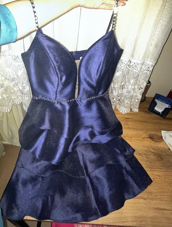 Parlak kumaş Lacivert taşlı Mini abiye Elbise - Görsel 3