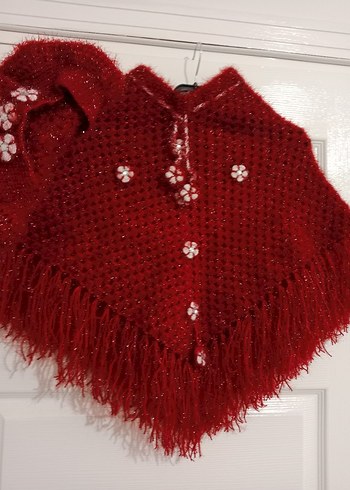 Kız Çocuk Kapüşonlu Kırmızı Örgü Panço - Görsel 4