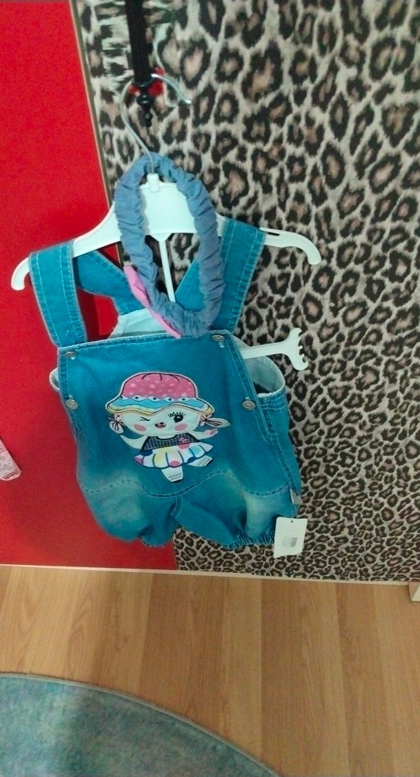 Renkli Nakışlı Mavi kız Kot Salopet - Görsel 3