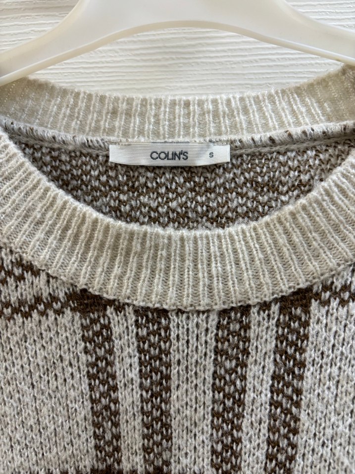 Ekose Desenli Bej Örgü Kadın Kazak - Görsel 2