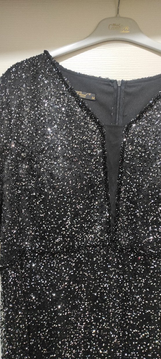 Uzun Parlak Siyah Kadın Abiye Elbise 54 beden - Görsel 3