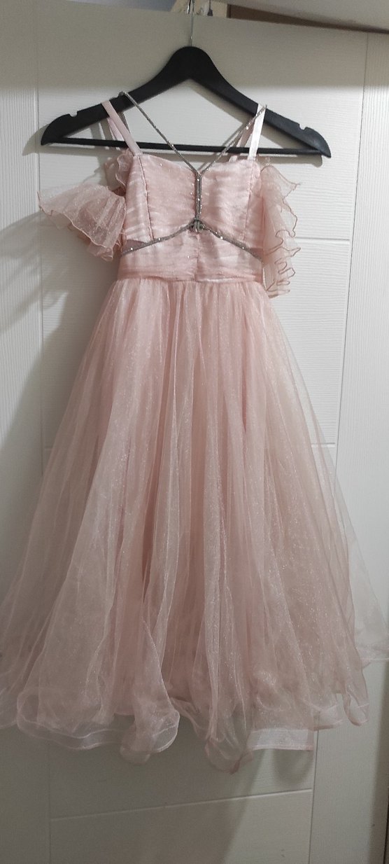 Pembe Uzun Kollu Fırfırlı Abiye Elbise - Görsel 2