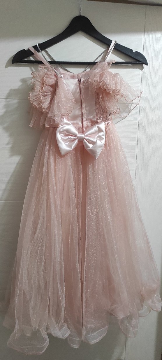 Pembe Uzun Kollu Fırfırlı Abiye Elbise - Görsel 3