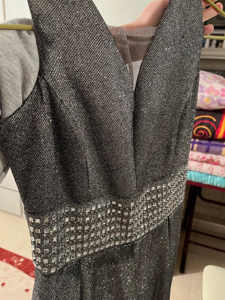 Drapeli Gri Uzun Abiye Elbise - Görsel 5