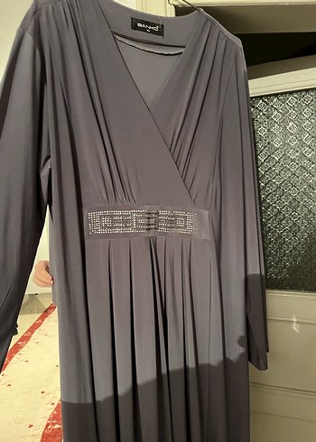 Gri Uzun Kollu V Yaka Salaş Elbise - Görsel 2