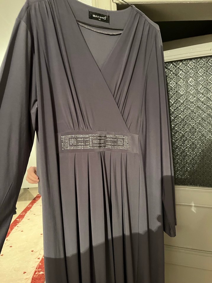 Gri Uzun Kollu V Yaka Salaş Elbise - Görsel 2