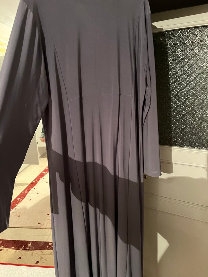 Gri Uzun Kollu V Yaka Salaş Elbise - Görsel 4