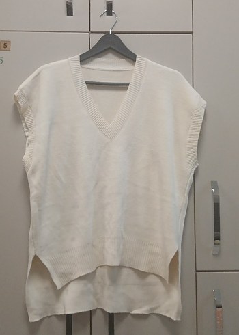 Kadın V Yaka Beyaz Triko Süveter - Görsel 3