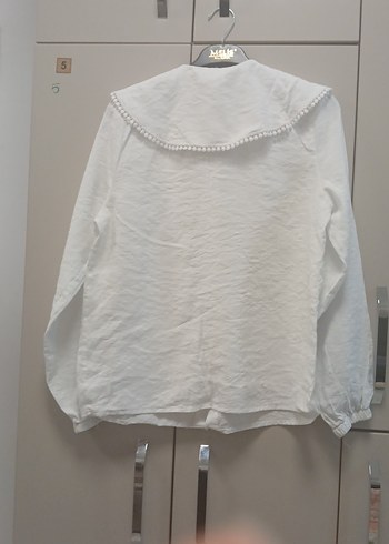 Düğmeli Yakalı Beyaz Keten Kadın Gömlek - Görsel 7