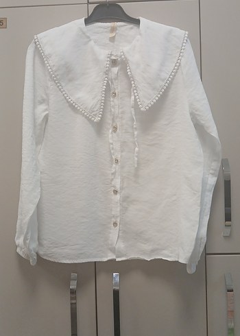 Düğmeli Yakalı Beyaz Keten Kadın Gömlek - Görsel 3