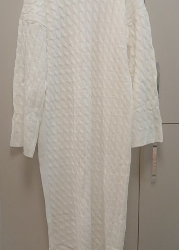 Beyaz Uzun Kollu Örgü Kadın Elbise - Görsel 3