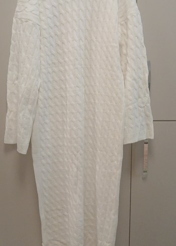 Beyaz Uzun Kollu Örgü Kadın Elbise - Görsel 2