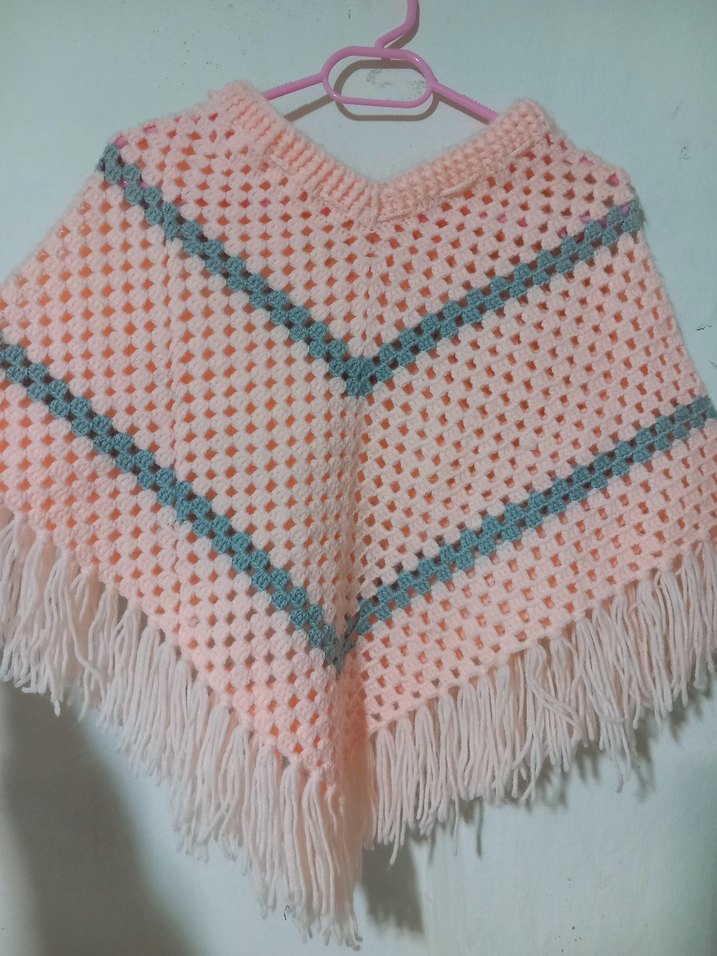 Pembe  Kız Çocuk Örgü Panço el emeği - Görsel 3