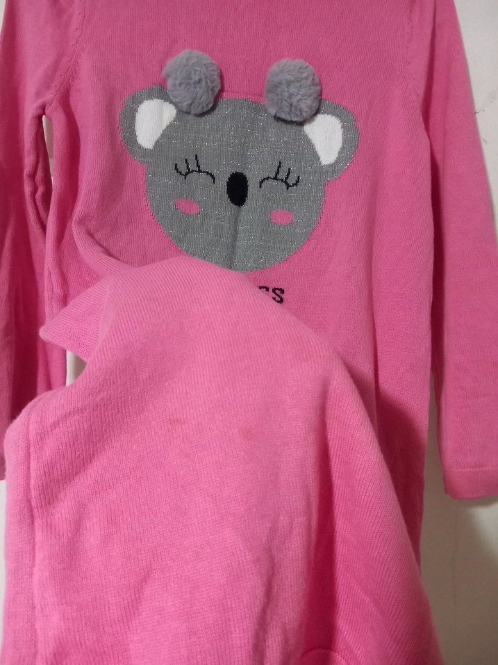 Kız Çocuk Pembe Uzun Kollu Triko Elbise - Görsel 5