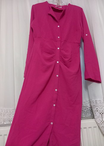 Düğmeli Pembe  Uzun elbise - Görsel 2