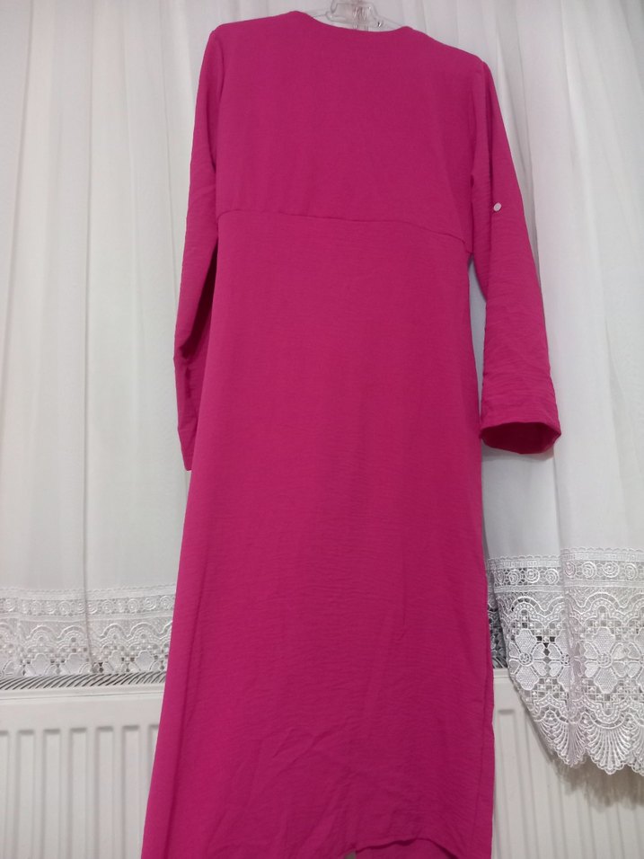 Düğmeli Pembe  Uzun elbise - Görsel 4