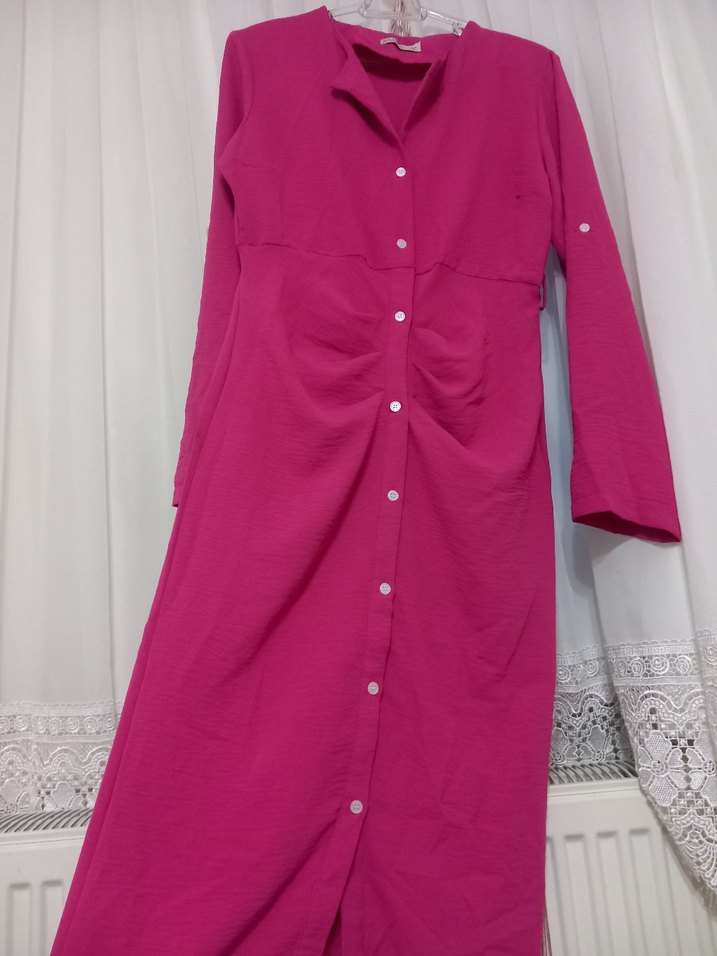 Düğmeli Pembe  Uzun elbise - Görsel 2