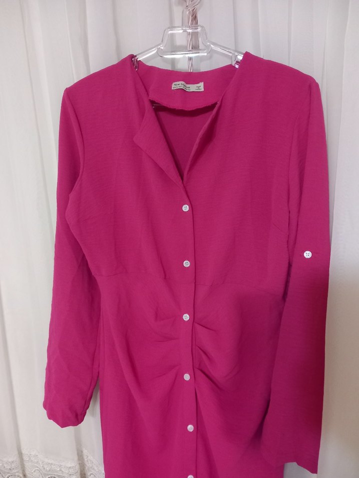 Düğmeli Pembe  Uzun elbise - Görsel 3